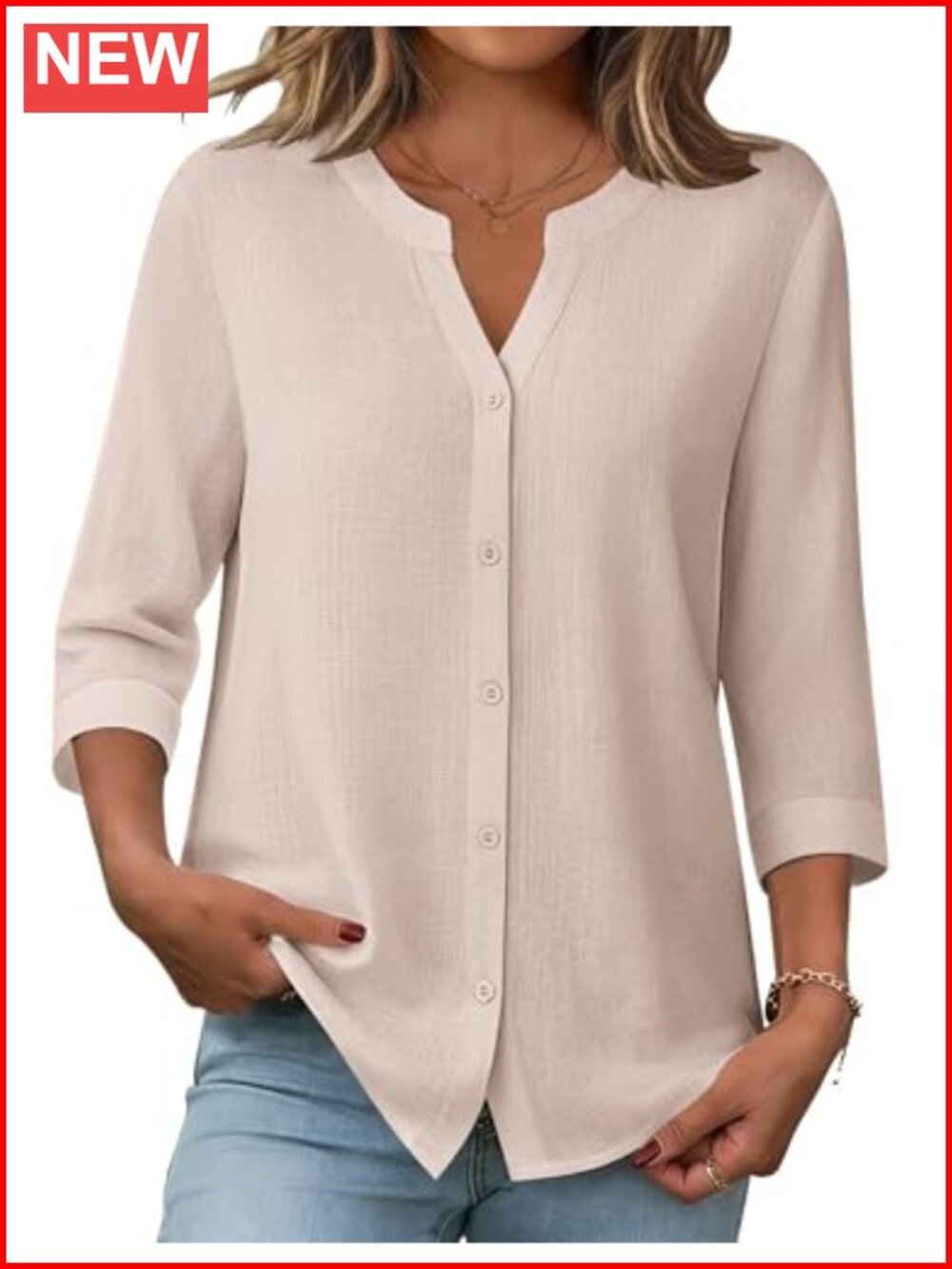 Women 3/4 Sleeve Button Down Linen Cotton Blouse